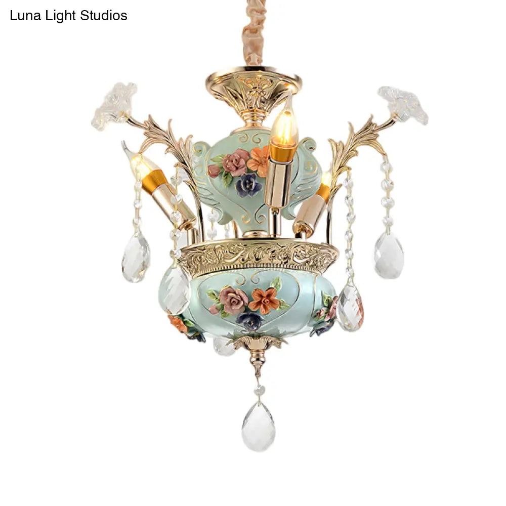 Contemporary Blue Ceramics Candelabra Suspension Lamp With Crystal Accents - 3 Bulb Dining Room