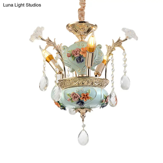 Contemporary Blue Ceramics Candelabra Suspension Lamp With Crystal Accents - 3 Bulb Dining Room