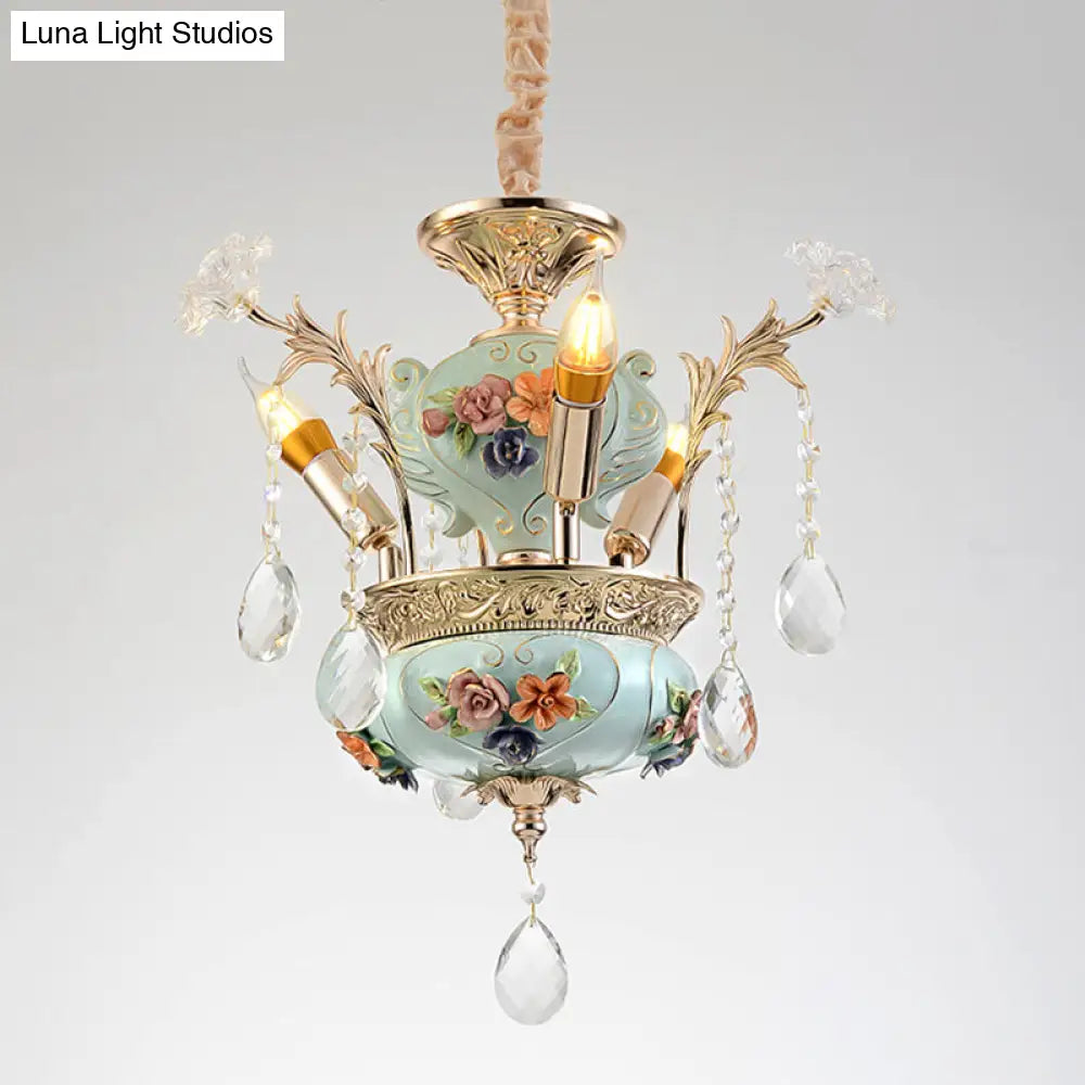 Contemporary Blue Ceramic Candelabra Suspension Lamp With Crystal Accent - 3 Bulb Dining Room