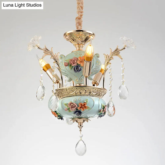 Contemporary Blue Ceramic Candelabra Suspension Lamp With Crystal Accent - 3 Bulb Dining Room