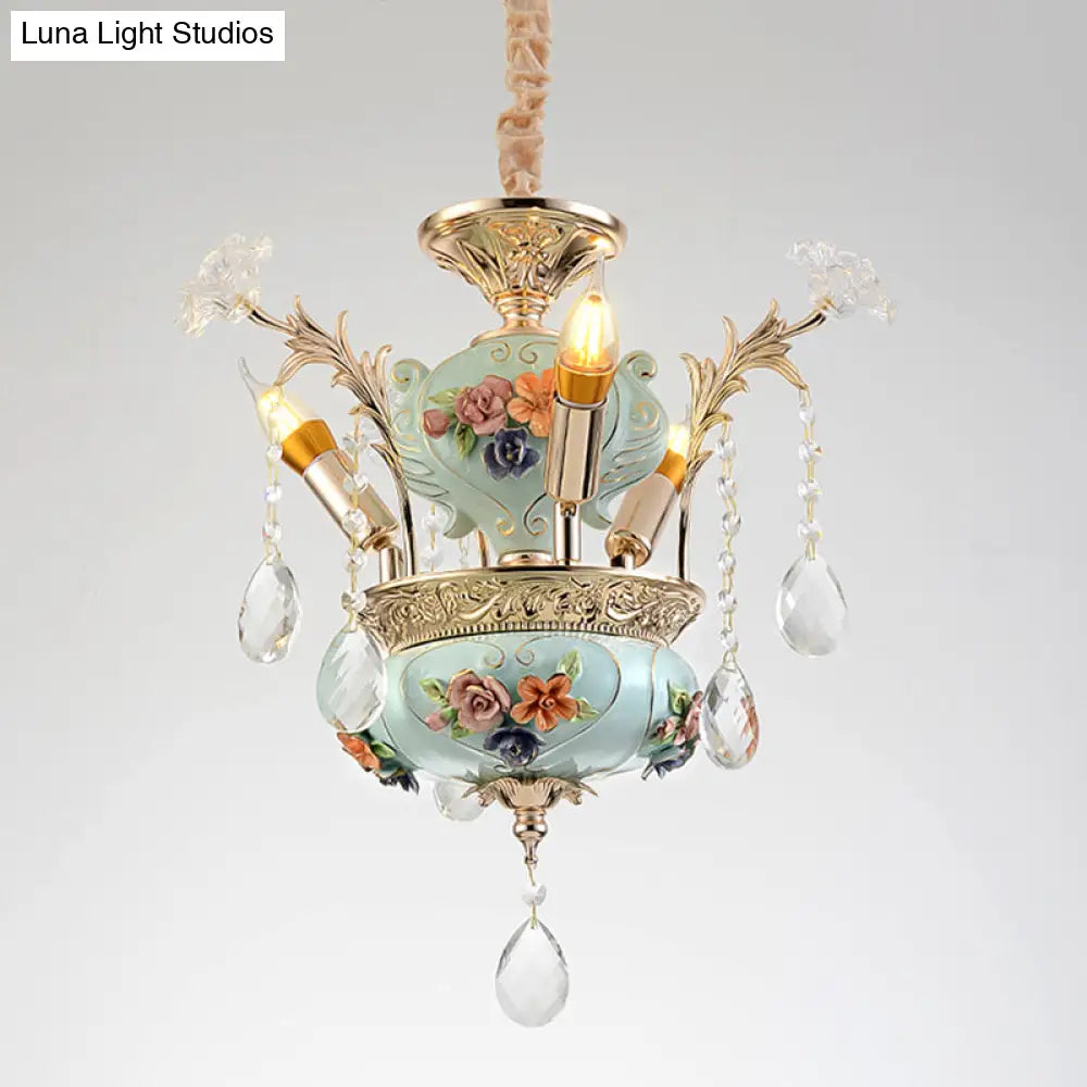 Contemporary Blue Ceramics Candelabra Suspension Lamp With Crystal Accents - 3 Bulb Dining Room