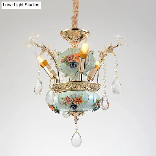 Contemporary Blue Ceramics Candelabra Suspension Lamp With Crystal Accents - 3 Bulb Dining Room