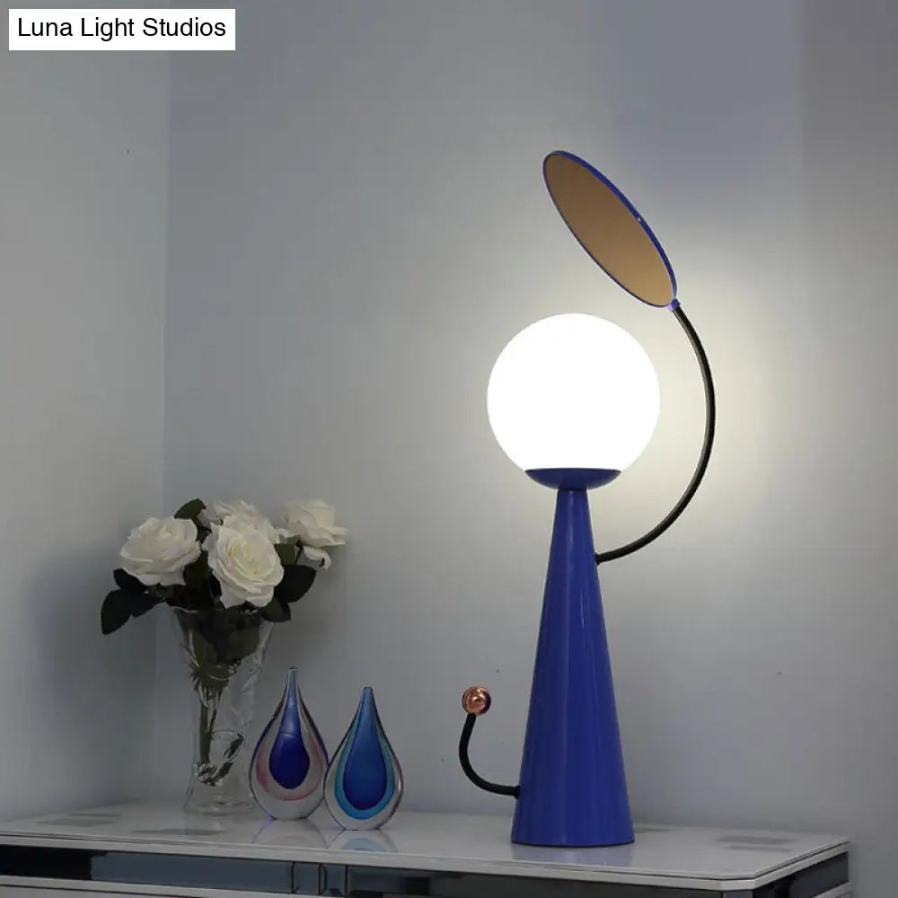 Contemporary Blue Finish Conical Night Table Light With White Glass Shade And Mirror Deco - 1 Bulb