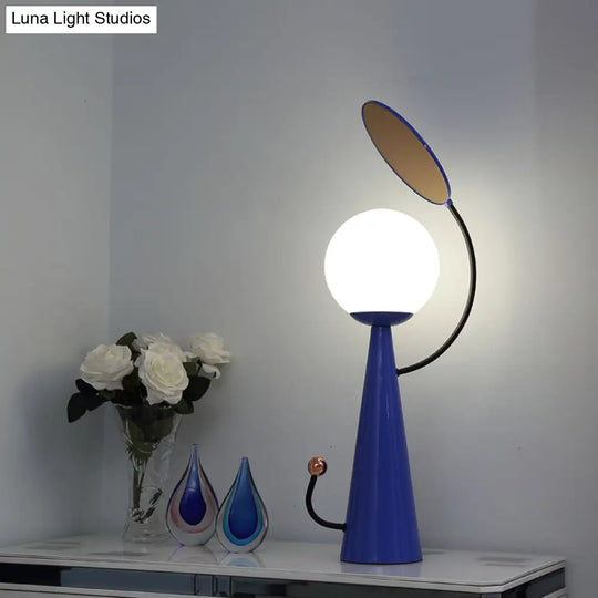 Contemporary Blue Finish Conical Night Table Light With White Glass Shade And Mirror Deco - 1 Bulb
