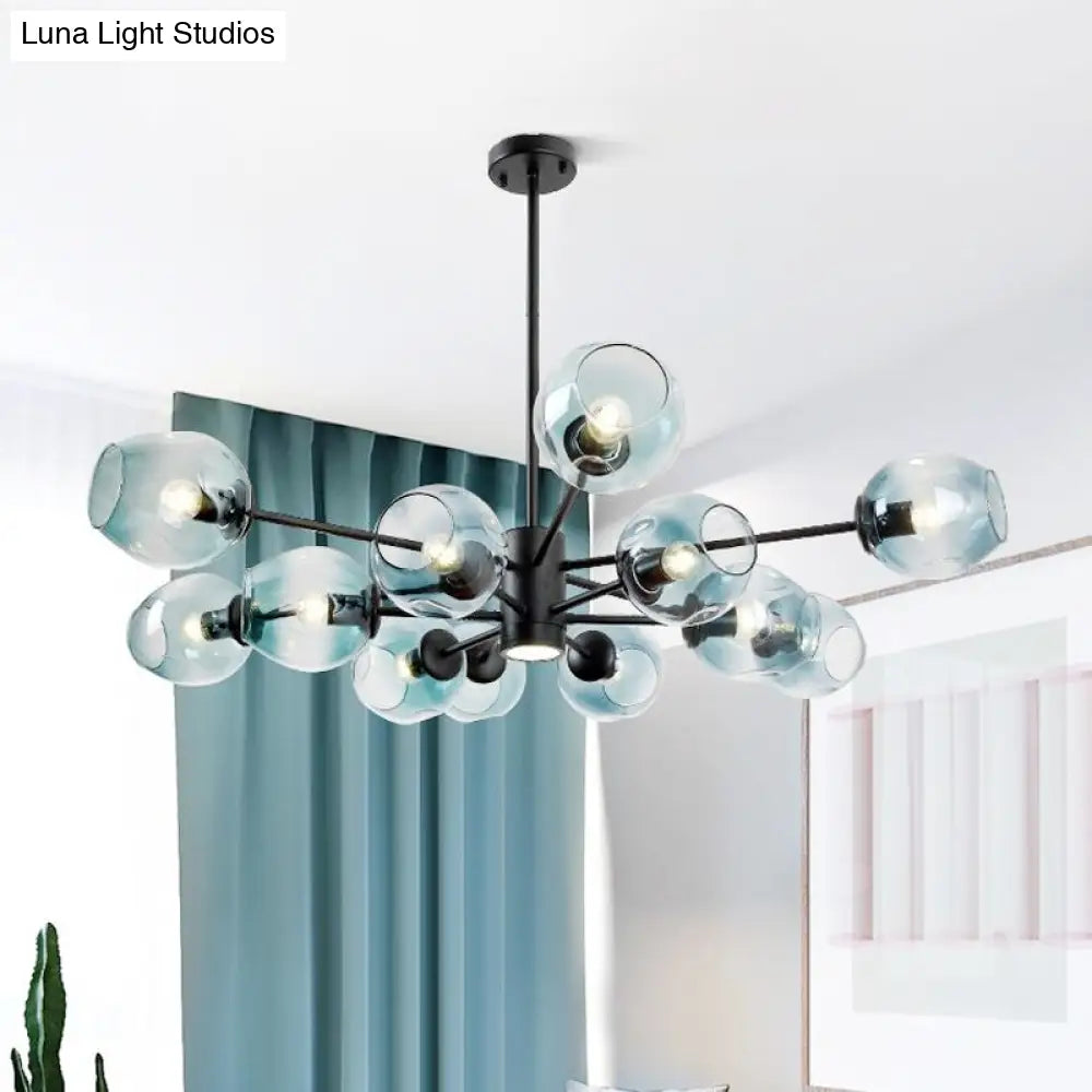 Contemporary Blue Glass Cup Pendant Chandelier - 12 Heads Hanging Ceiling Light For Living Room