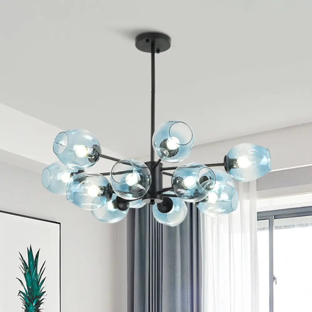 Contemporary Blue Glass Cup Pendant Chandelier - 12 Heads Hanging Ceiling Light For Living Room