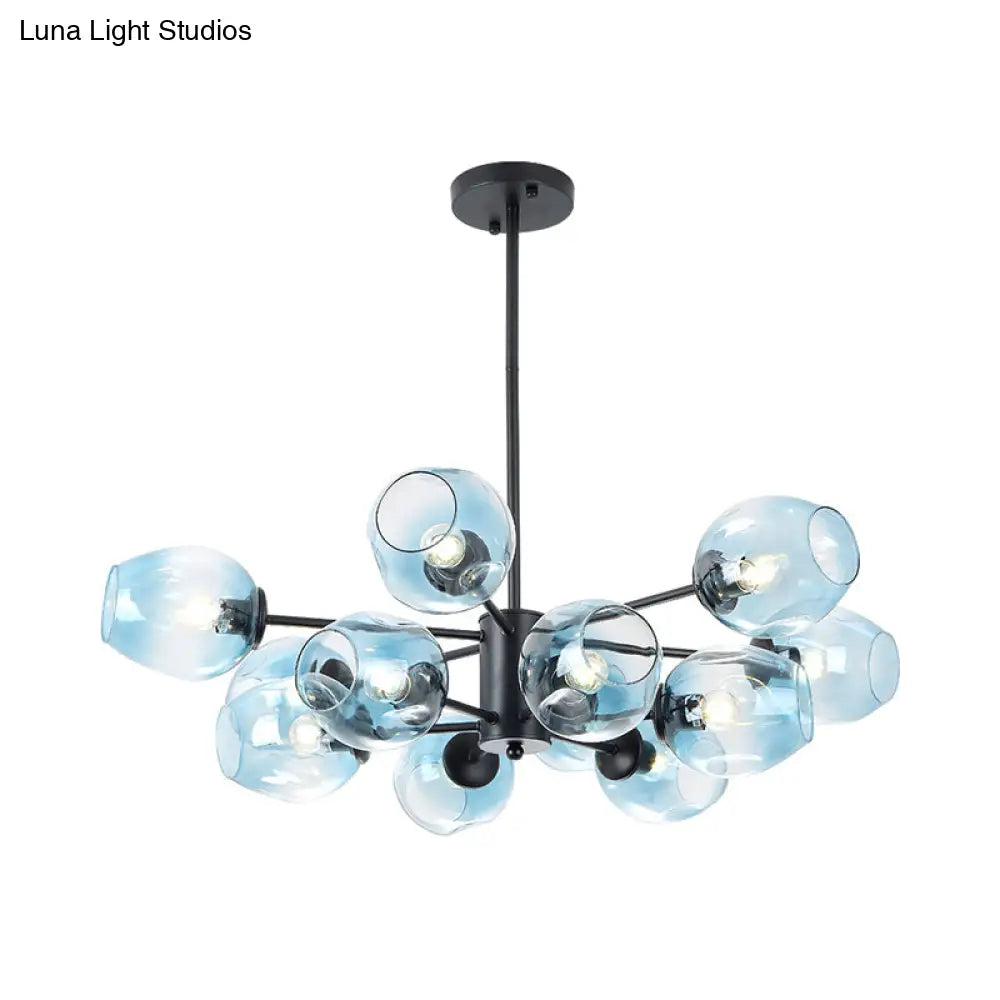 Contemporary Blue Glass Cup Pendant Chandelier - 12 Heads Hanging Ceiling Light For Living Room