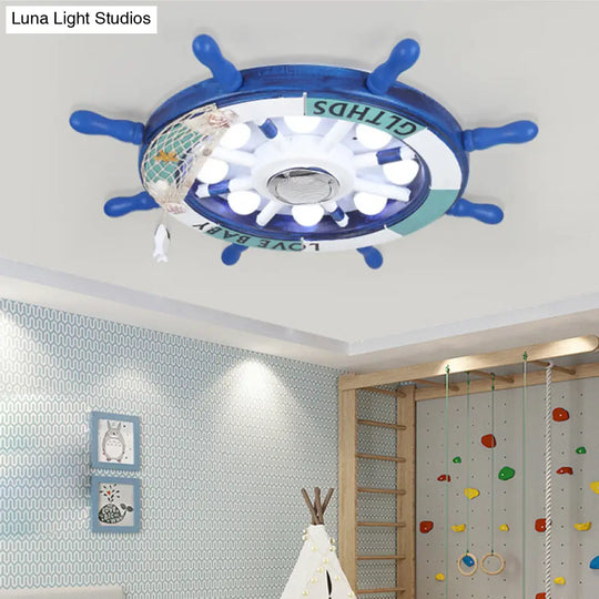 Contemporary Blue Led Flush Ceiling Light Fixture For Nursery With Wood Rudder Design