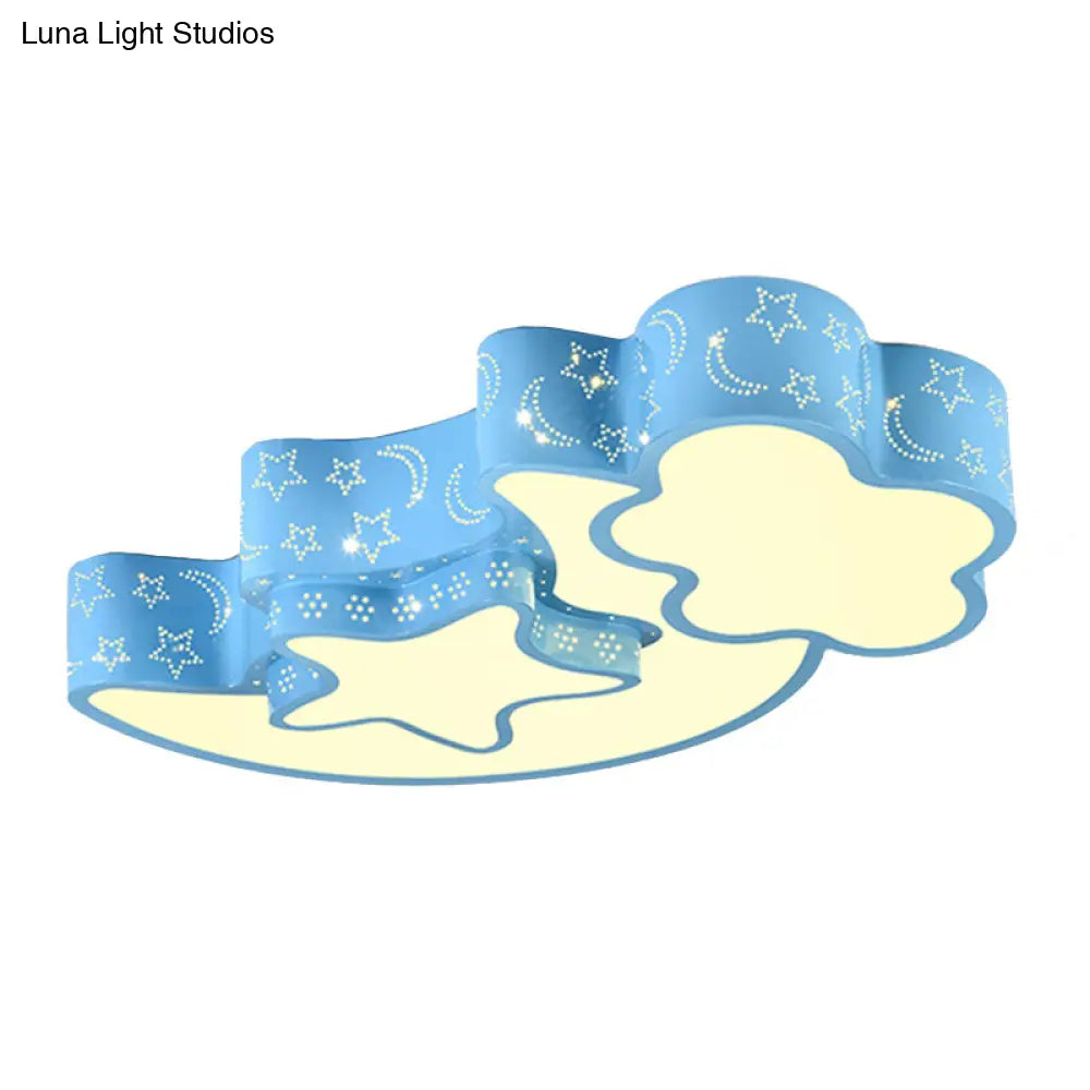 Contemporary Blue Moon Star Ceiling Light - Metal Flush Mount For Child Bedroom