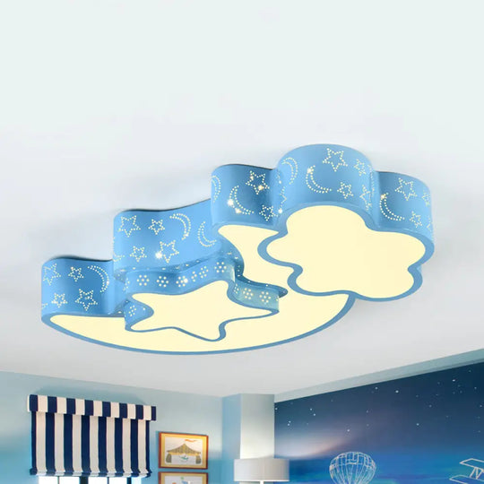 Contemporary Blue Moon Star Ceiling Light - Metal Flush Mount For Child Bedroom / White