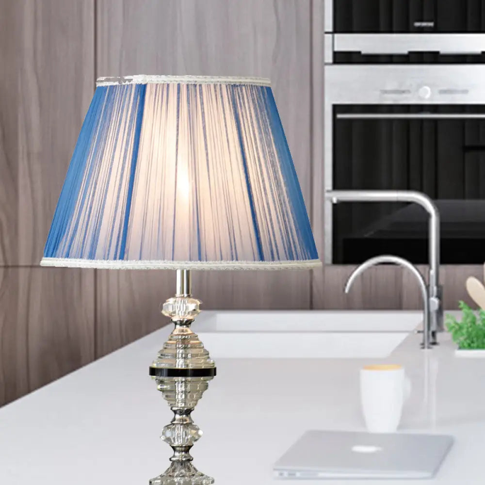 Contemporary Blue Nightstand Lamp With Clear K9 Crystal - Tapered Design 1 Bulb Ideal For Living