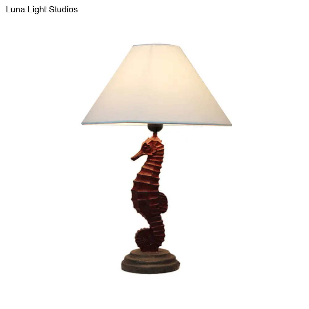 Contemporary Blue/Red Sea Horse Table Lamp With Cone Fabric Shade - Resin 1 Light