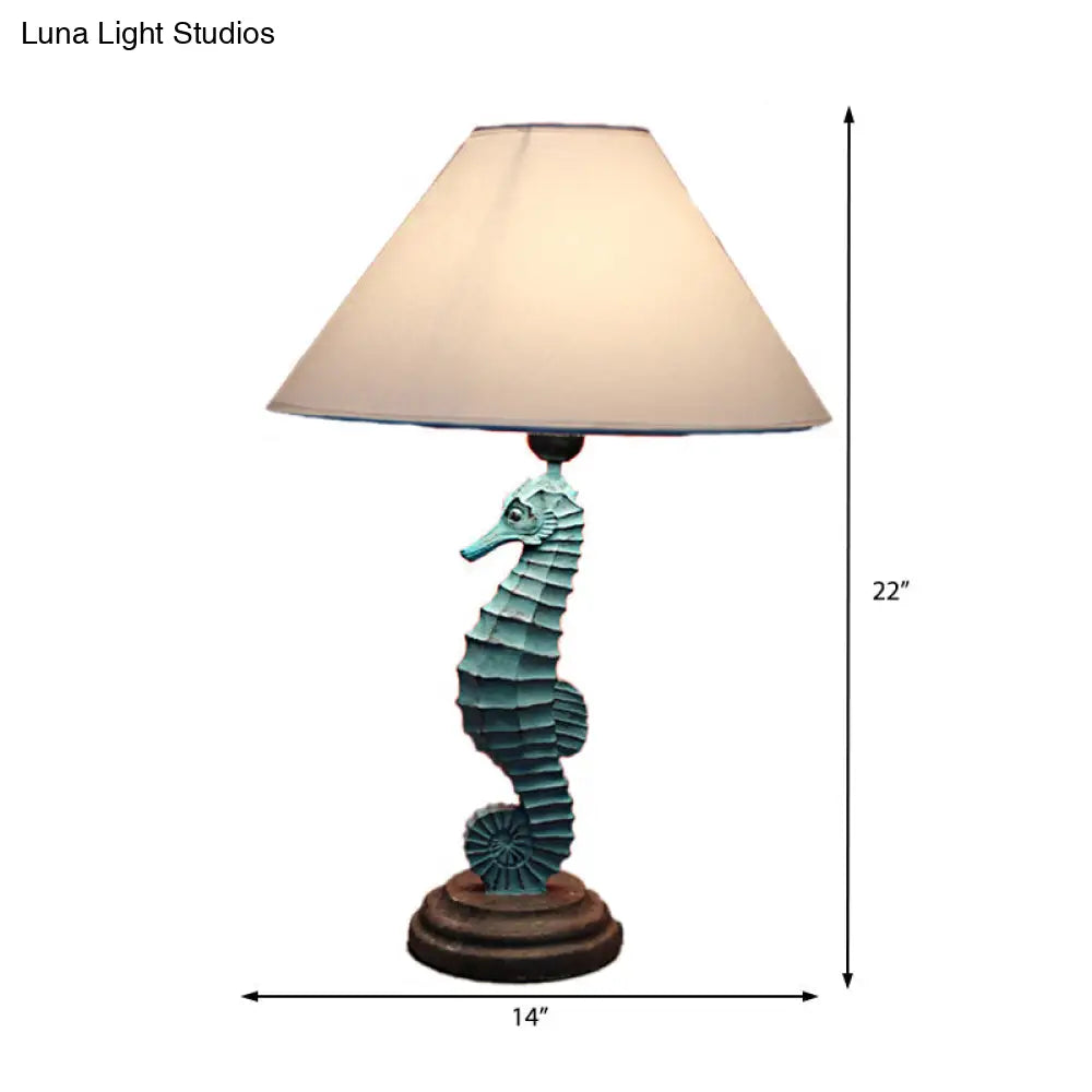 Contemporary Blue/Red Sea Horse Table Lamp With Cone Fabric Shade - Resin 1 Light