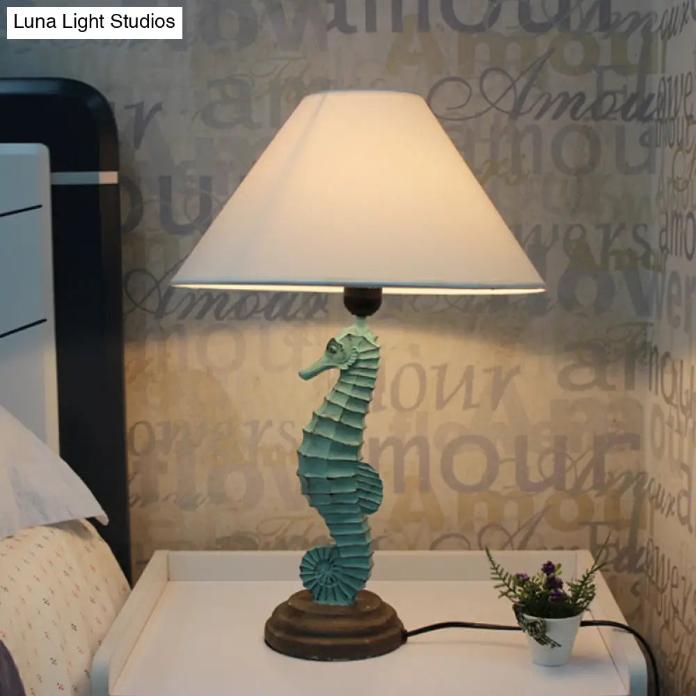 Contemporary Blue/Red Sea Horse Table Lamp With Cone Fabric Shade - Resin 1 Light