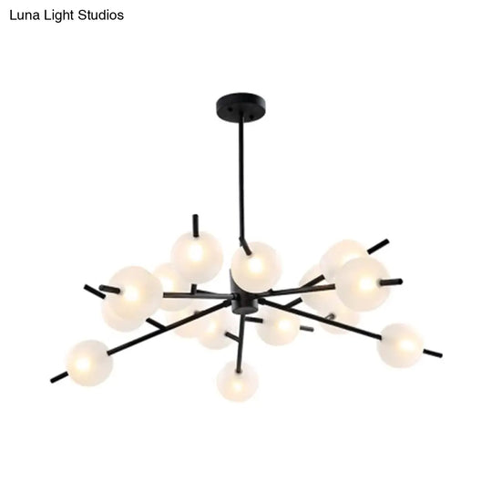 Contemporary Branched Pendant Lamp With 15 Metal Bulbs Black/Gold Finish And Frosted Glass Shades