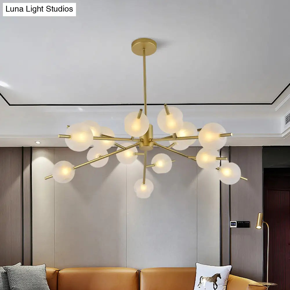 Contemporary Branched Pendant Lamp With 15 Metal Bulbs Black/Gold Finish And Frosted Glass Shades