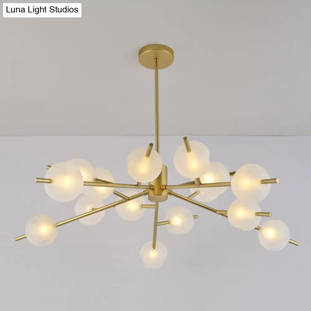 Contemporary Branched Pendant Lamp With 15 Metal Bulbs Black/Gold Finish And Frosted Glass Shades