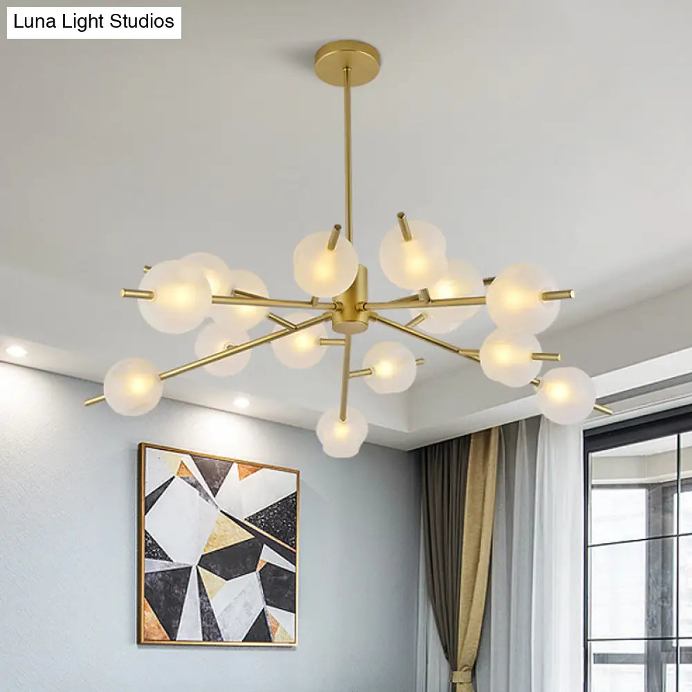 Contemporary Branched Pendant Lamp With 15 Metal Bulbs Black/Gold Finish And Frosted Glass Shades