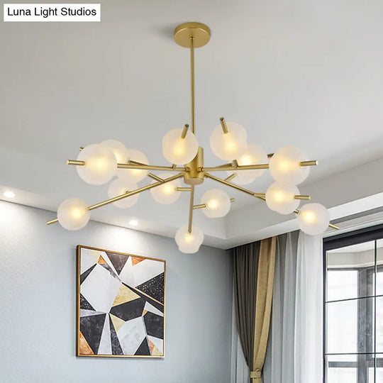 Contemporary Branched Pendant Lamp With 15 Metal Bulbs Black/Gold Finish And Frosted Glass Shades