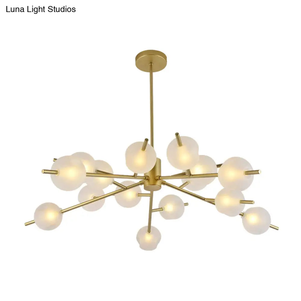 Contemporary Branched Pendant Lamp With 15 Metal Bulbs Black/Gold Finish And Frosted Glass Shades