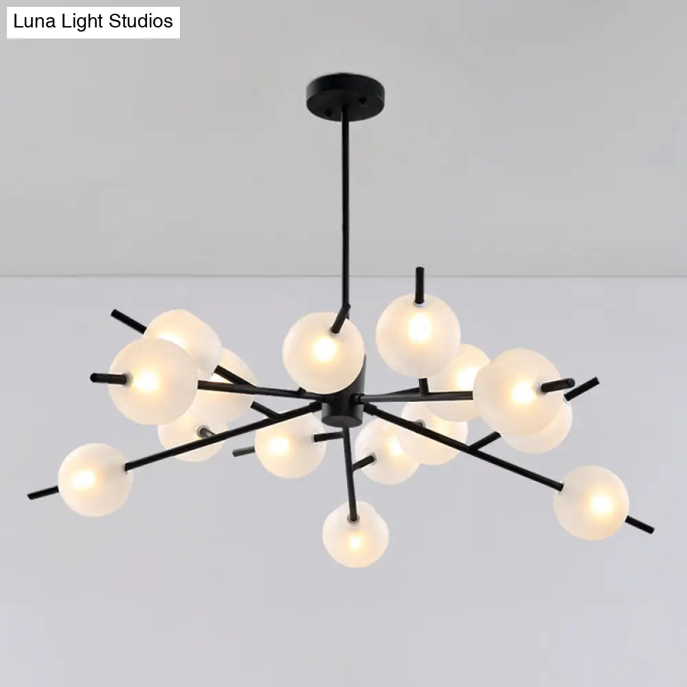 Contemporary Branched Pendant Lamp With 15 Metal Bulbs Black/Gold Finish And Frosted Glass Shades