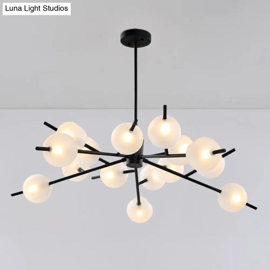 Contemporary Branched Pendant Lamp With 15 Metal Bulbs Black/Gold Finish And Frosted Glass Shades