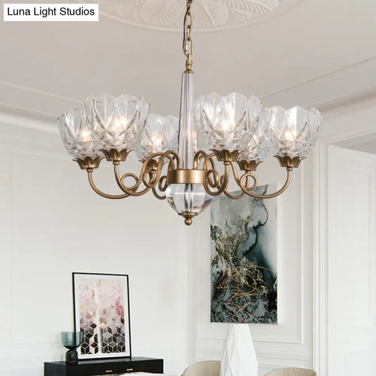 Contemporary Brass Bowl Pendant Chandelier - 6 Heads Ceiling Hanging Light With Clear Glass And