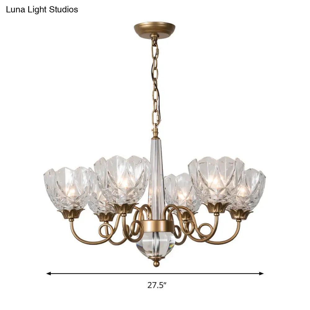 Contemporary Brass Bowl Pendant Chandelier - 6 Heads Ceiling Hanging Light With Clear Glass And