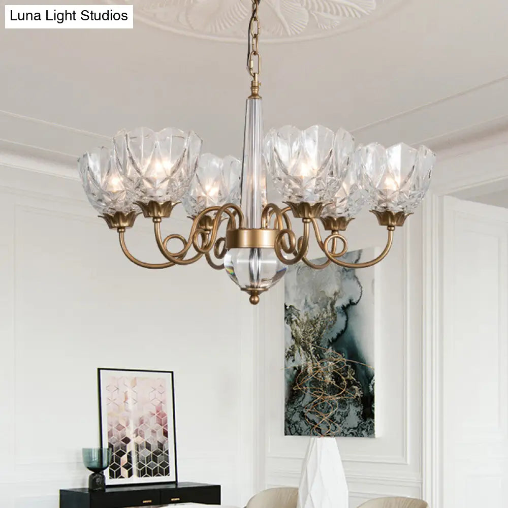 6-Head Brass Chandelier With Clear Glass Shades And Curved Metal Arm - Contemporary Ceiling Pendant