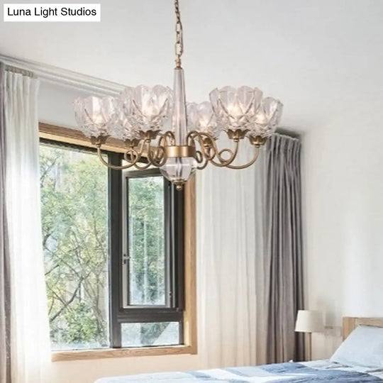 6-Head Brass Chandelier With Clear Glass Shades And Curved Metal Arm - Contemporary Ceiling Pendant