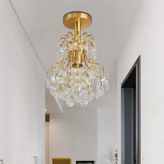 Contemporary Brass Ceiling Light With Bent Arm Frame - 1-Light Semi Flush Mount For Corridors