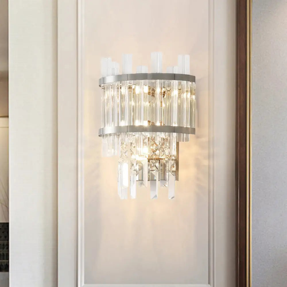 Contemporary Brass/Chrome Tiered Sconce Light - 3-Light Crystal Wall Mounted Lighting For Dining