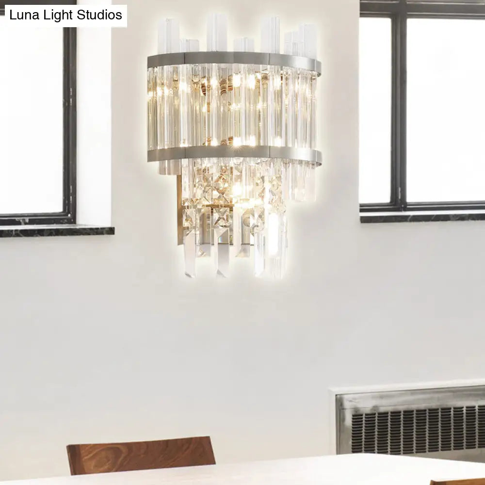 Contemporary Brass/Chrome Tiered Sconce Light - 3-Light Crystal Wall Mounted Lighting For Dining