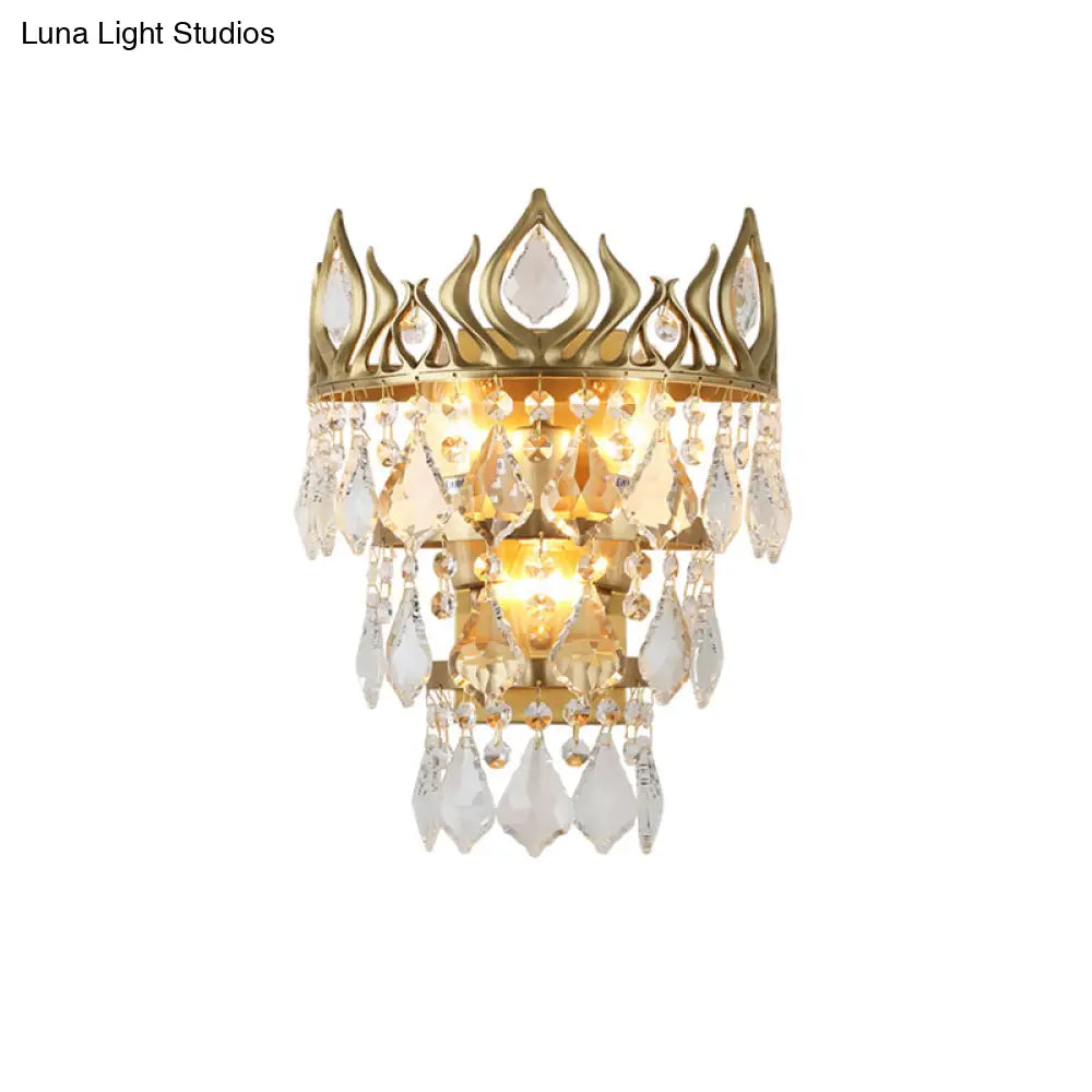 Contemporary Brass Crystal Drip Wall Lamp - Crown Shape Sconce Light Fixture (3 Bulbs)