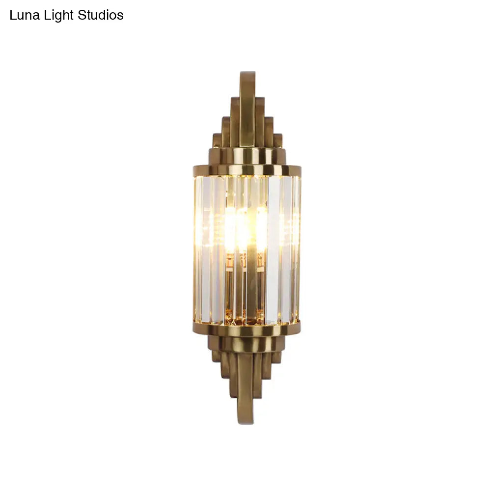 Contemporary Brass Crystal Wall Mount Lamp For Living Room - Cylinder Sconce Light