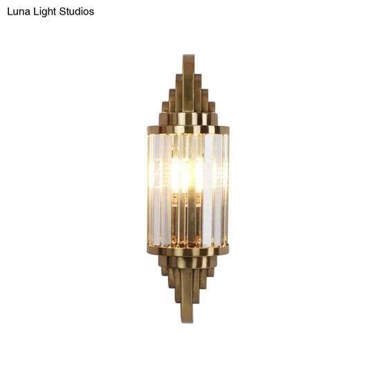 Contemporary Brass Crystal Wall Mount Lamp For Living Room - Cylinder Sconce Light