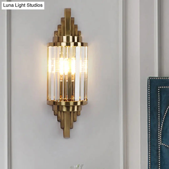 Contemporary Brass Crystal Wall Mount Lamp For Living Room - Cylinder Sconce Light