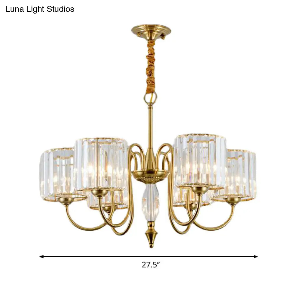 Contemporary Crystal Cylinder Ceiling Chandelier With Brass Pendant - 3/5/6 Heads