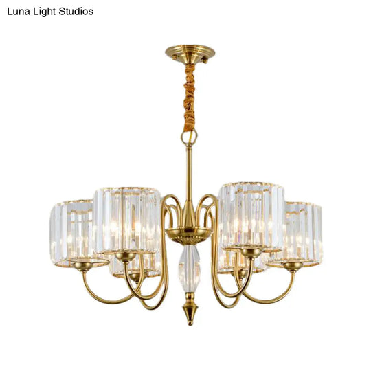 Contemporary Brass Cylinder Ceiling Chandelier With Crystal Facets - 3/5/6 Head Pendant Light