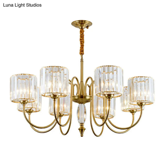 Contemporary Crystal Cylinder Ceiling Chandelier With Brass Pendant - 3/5/6 Heads