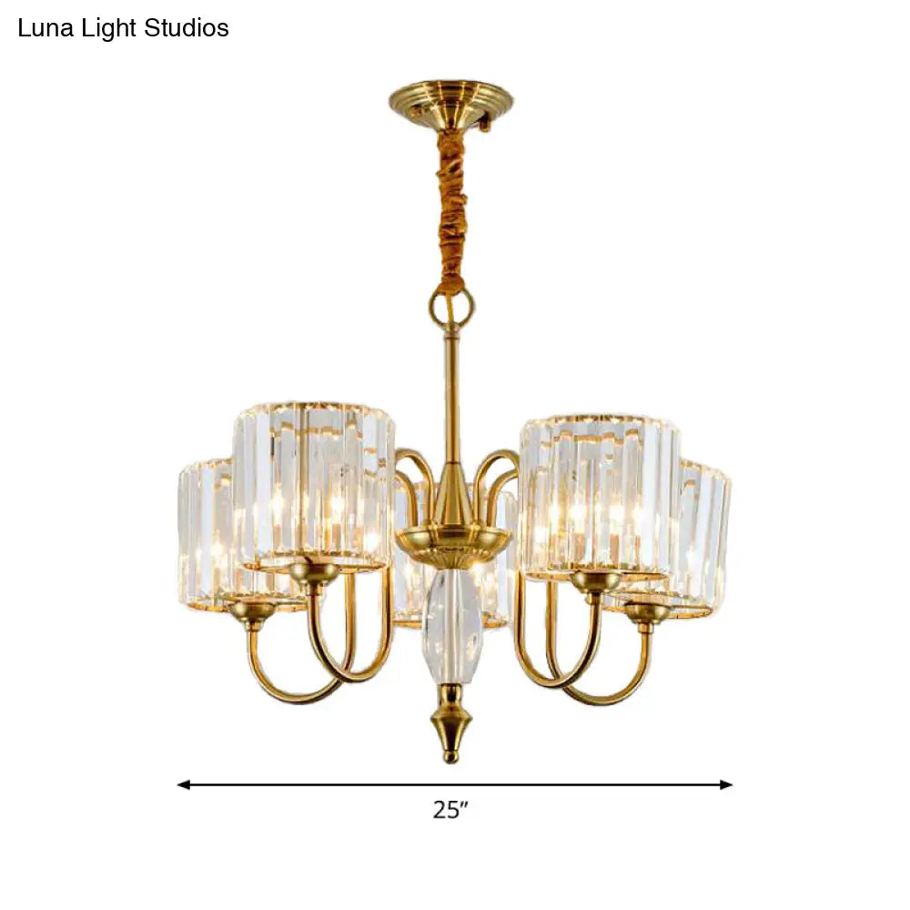 Contemporary Brass Cylinder Ceiling Chandelier With Crystal Facets - 3/5/6 Head Pendant Light