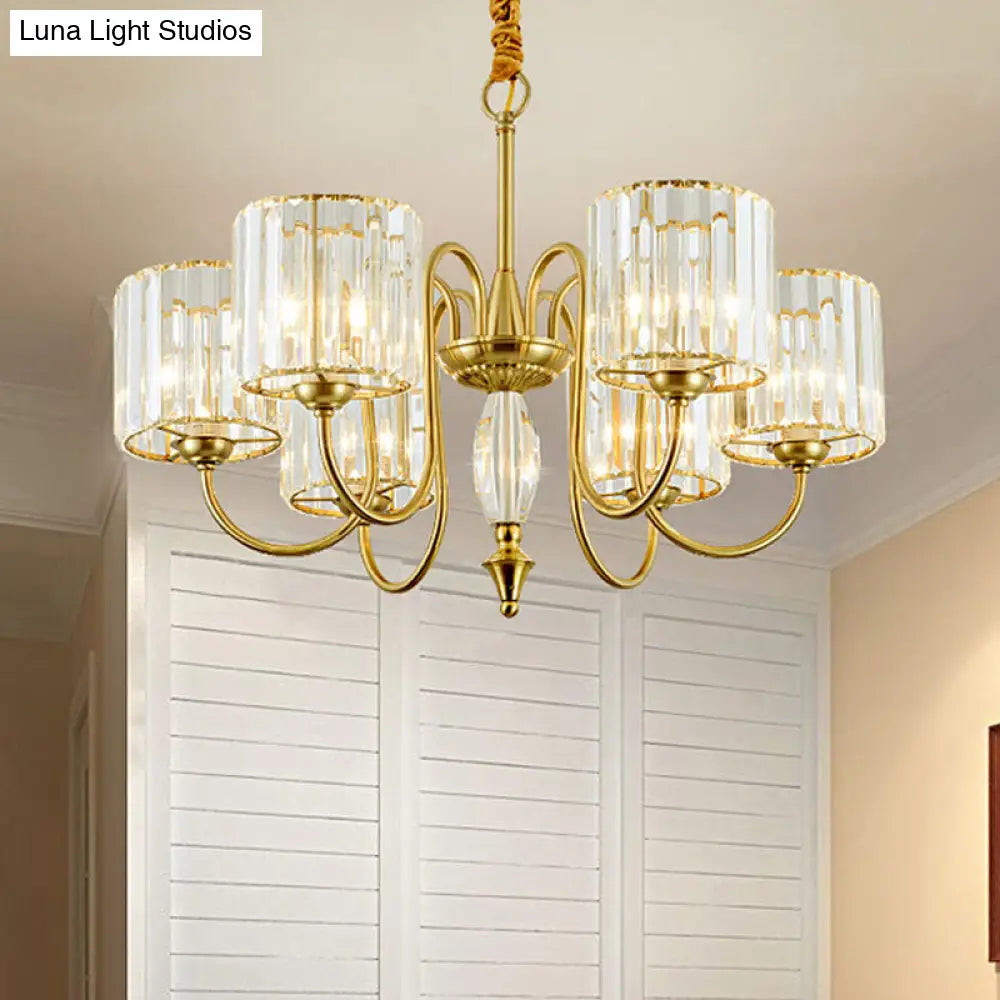 Contemporary Crystal Cylinder Ceiling Chandelier With Brass Pendant - 3/5/6 Heads 6 /