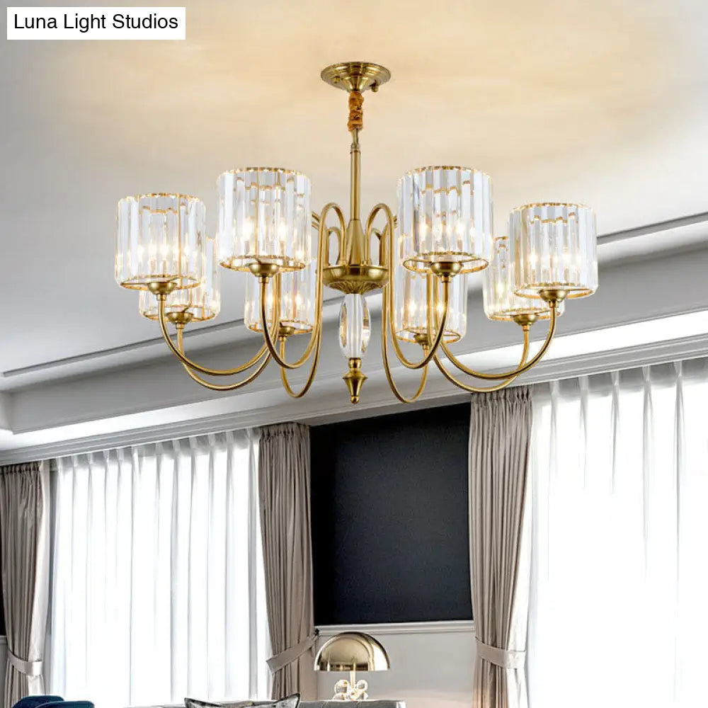 Contemporary Crystal Cylinder Ceiling Chandelier With Brass Pendant - 3/5/6 Heads 8 /