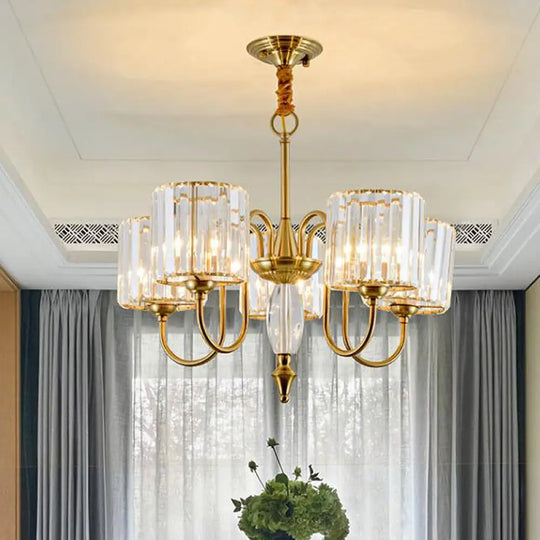 Contemporary Brass Cylinder Ceiling Chandelier With Crystal Facets - 3/5/6 Head Pendant Light 5 /