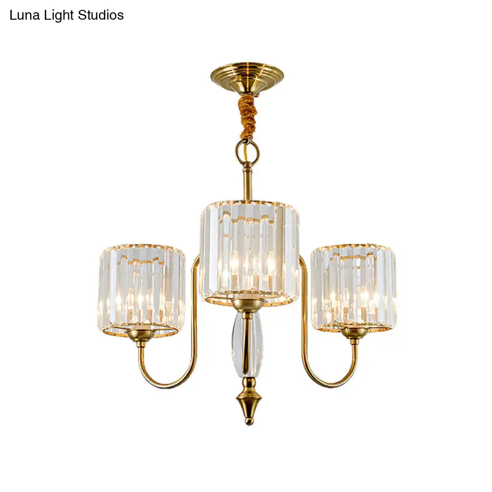 Contemporary Brass Cylinder Ceiling Chandelier With Crystal Facets - 3/5/6 Head Pendant Light