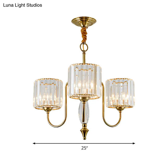 Contemporary Brass Cylinder Ceiling Chandelier With Crystal Facets - 3/5/6 Head Pendant Light