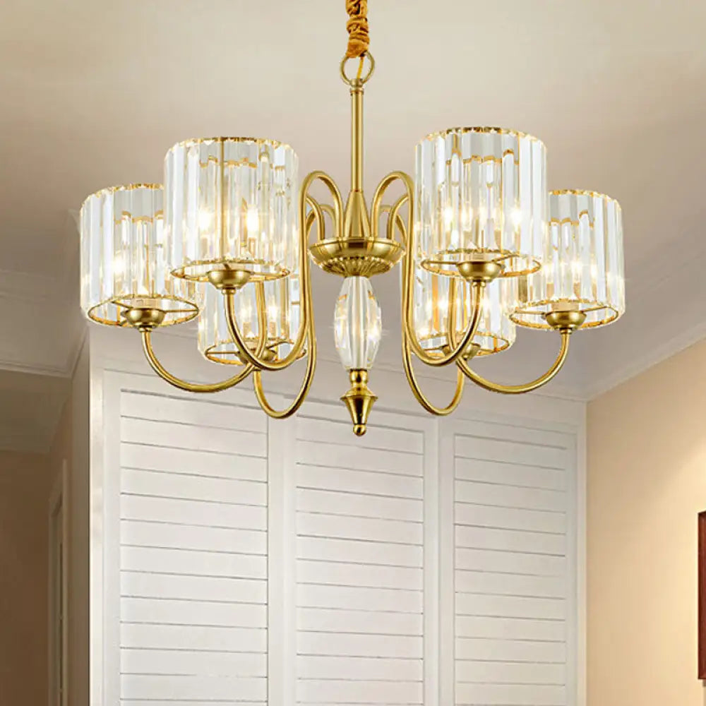 Contemporary Brass Cylinder Ceiling Chandelier With Crystal Facets - 3/5/6 Head Pendant Light 6 /