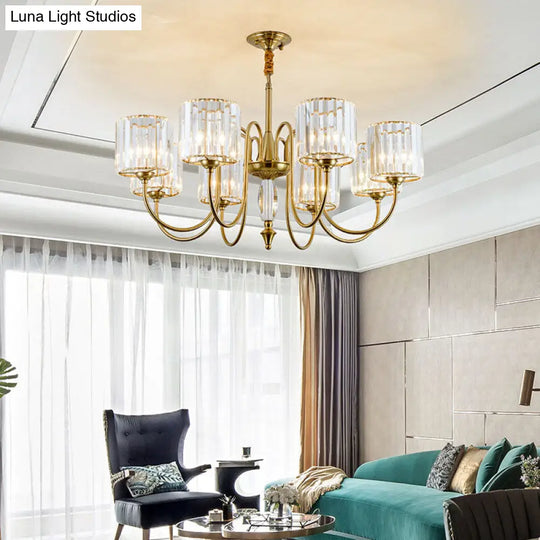 Contemporary Crystal Cylinder Ceiling Chandelier With Brass Pendant - 3/5/6 Heads