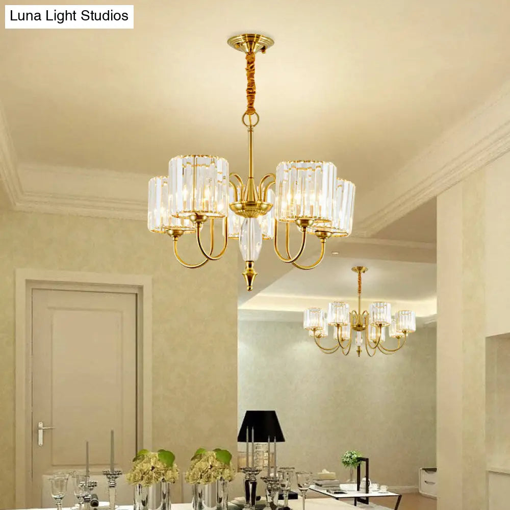 Contemporary Crystal Cylinder Ceiling Chandelier With Brass Pendant - 3/5/6 Heads