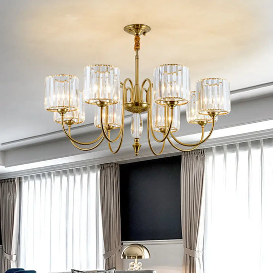 Contemporary Brass Cylinder Ceiling Chandelier With Crystal Facets - 3/5/6 Head Pendant Light 8 /